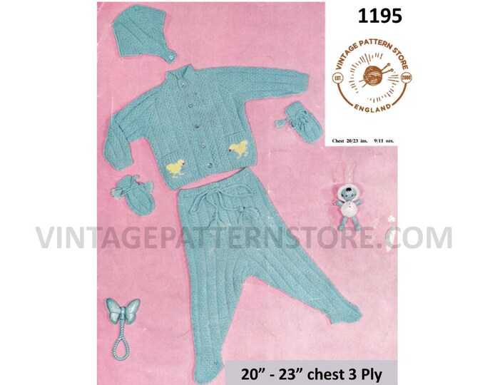 Baby Babies 60s vintage 3 ply pram set chicken motif raglan cardigan leggings mittens & helmet pdf knitting pattern 20" to 23" Download 1195