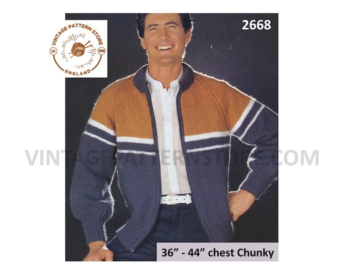 Mens Mans 80s vintage chunky knit crew neck zipped raglan sports jacket pdf knitting pattern 36" to 44" chest Instant PDF download 2668