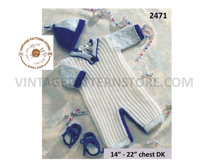 Premature Preemie Baby Babies 90s all in one DK V neck ribbed rib romper play suit & hat pdf knitting pattern 14" to 22" chest Download 2441