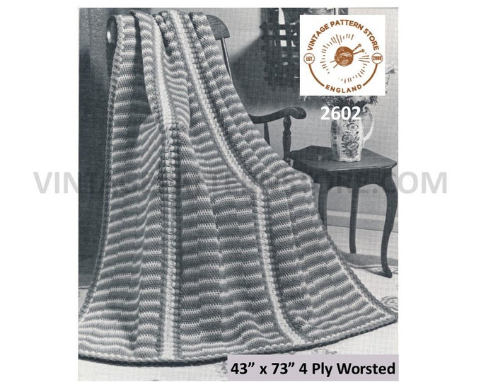60s vintage 4 ply off step striped afghan throw pdf crochet pattern 48" by 73" Instant PDF download 2602