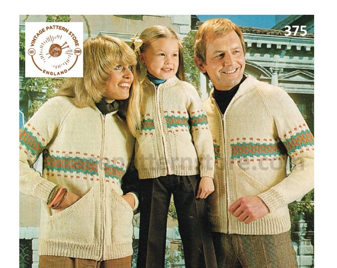 Ladies Womens Mens Boys Girls 80s Family fair isle banded DK raglan zipped jacket pdf knitting pattern 24" to 42" chest PDF Download 375