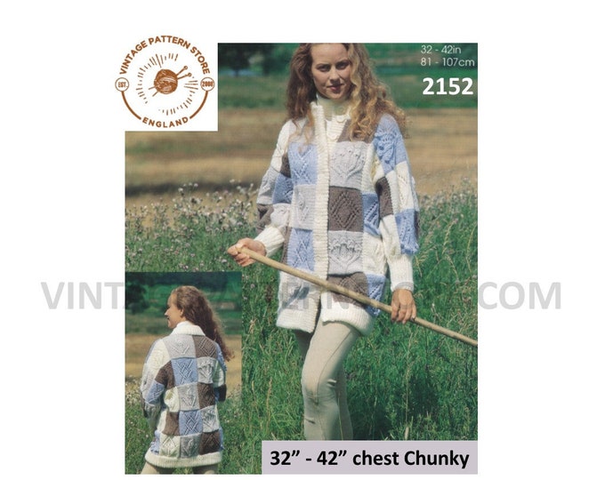 Ladies Womens 90s round neck chunky knit cable and lace lacy check long line jacket pdf knitting pattern 32" to 42" chest Download 2152
