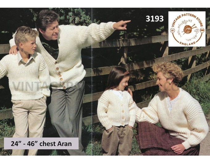 Ladies Womens Mens Boys Girls 90s family V neck rib ribbed dolman aran cardigan sweater jumper pdf knitting pattern 24" to 46" Download 3193