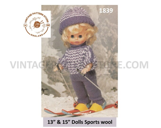 80s vintage 13" 15" 5 ply dolls clothes sweater jumper trousers and hat skiing set pdf knitting pattern Instant PDF download 1839