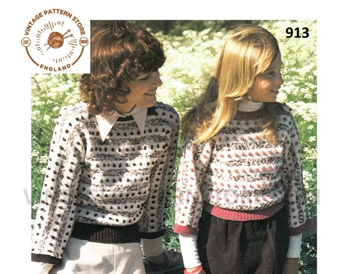Ladies girls sweater knitting pattern, 70s bobble & stripe 3/4 sleeve drop shoulder DK sweater pattern - 26" - 38" chest - PDF download 913