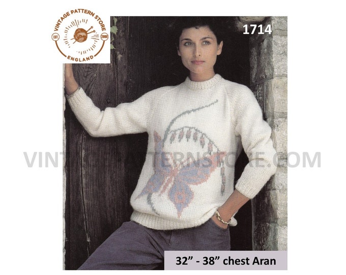 Ladies Womens 80s vintage crew neck butterfly intarsia aran raglan sweater jumper pullover pdf knitting pattern 32" to 38" PDF download 1714