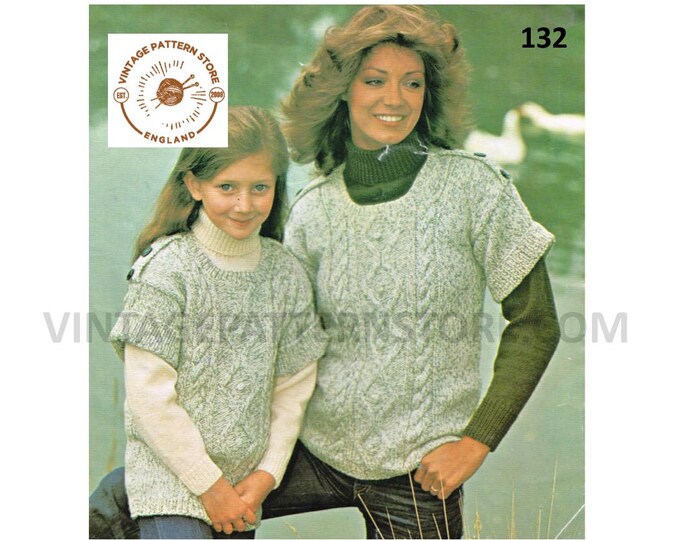 Ladies Womens Girls 80s vintage scoop neck short sleeve cable cabled aran sweater jumper pdf knitting pattern 28" to 38" bust Download 132