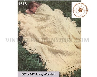 70s vintage fringed cabled cable panel aran afghan throw pdf knitting pattern 50" by 64" Instant PDF download 1678