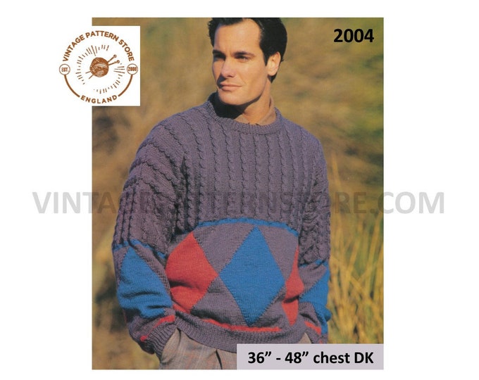 Mens Mans 90s round neck diamond intarsia cable cabled yoke yoked drop shoulder dolman sweater pdf knitting pattern 36" to 48" Download 2004