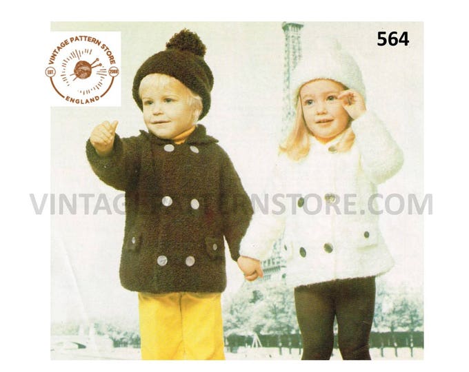 Girls Boys Toddlers 70s vintage double breasted collared aran jacket coat pdf knitting pattern 22" to 26" chest Instant PDF download 564