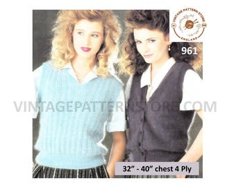 Ladies Womens 80s vintage easy to knit 4 ply V neck cable rib waistcoat & slipover sweater vest pdf knitting pattern 32" to 40" Download 961