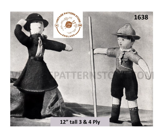 40s vintage 3 ply or 4 ply toy doll Girl Guide and Cub Scout pdf knitting pattern 12" high Instant PDF Download 1638