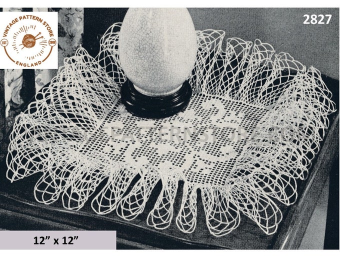 Filet lace doily crochet pattern, Ruffle edge doily patterns, Square doily patterns, 40s crochet doily patterns, 12" x 12" PDF download 2827