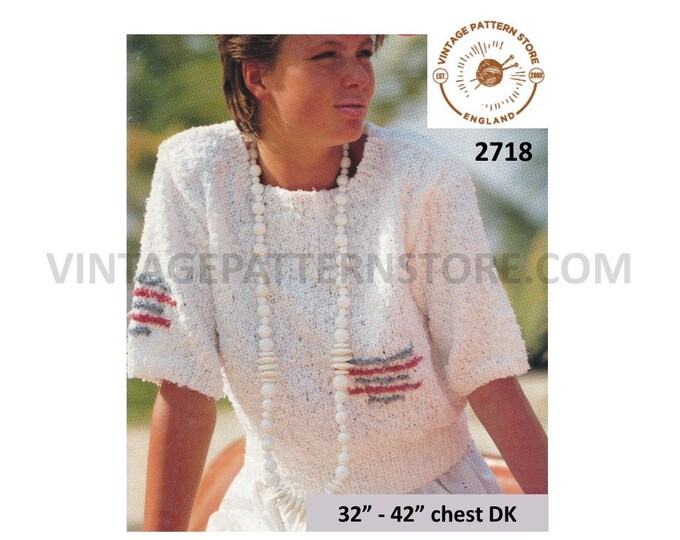 Ladies Womens 90s DK round neck short sleeve intarsia motif Summer sweater jumper pdf knitting pattern 32" to 42" chest PDF download 2718