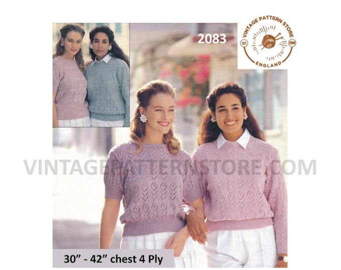 Ladies Womens 90s 4 ply round neck long or short sleeve lacy raglan sweater jumper pdf knitting pattern 32" to 42" chest PDF Download 2083