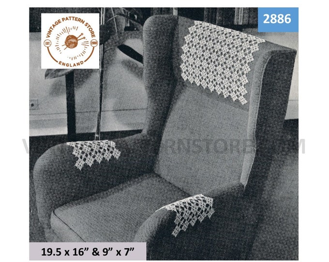 30s vintage tatted lace lacy settee sofa chair back and arm rest cover protector pdf tatting pattern 19.5" by 16" & 9" by 7" Download 2886