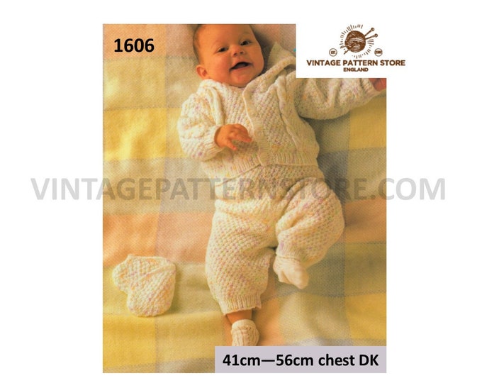 Baby Babies 90s DK cable cabled raglan hooded jacket mittens trousers & booties pdf knitting pattern 41cm to 56cm chest PDF Download 1606