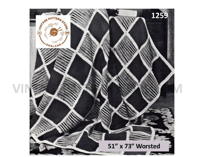 70s vintage easy to knit worsted check patterned afghan throw pdf knitting pattern 51" by 73" Instant PDF download 1259