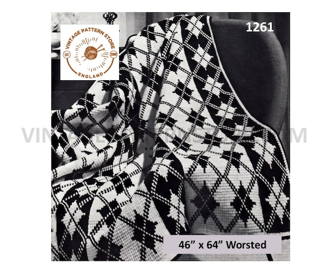 70s vintage Scottish fair isle argyll check diamond 4 ply afghan throw pdf crochet pattern 46" x 64" Instant PDF download 1261