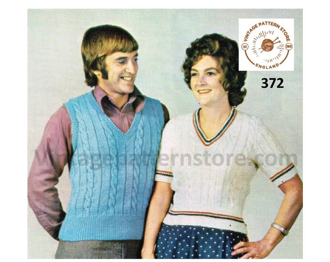 Ladies Womens Mens 80s vintage DK V neck cabled cable & rib short or sleeveless sweater vest pdf knitting pattern 32" to 42" Download 372