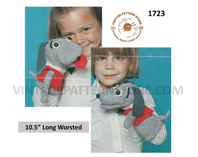 70s vintage worsted toy puppy dog glove puppet pdf knitting and crochet pattern 10.5" long Instant PDF download 1723