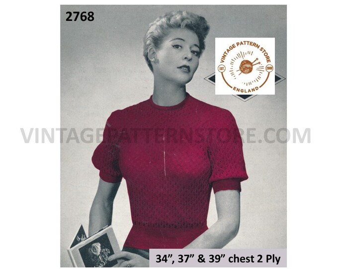 Ladies Womens 50s 2 ply round neck textured short sleeve raglan Summer sweater jumper pdf knitting pattern 34" 37" & 39" Download 2768