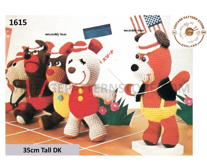 70s vintage DK cuddly toy Mr and Mrs Teddy bear family pdf crochet pattern 14" Tall Instant PDF Download 1615