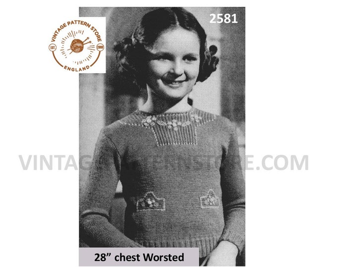 Girls 40s vintage worsted round neck raglan sweater jumper with optional embroidery pdf knitting pattern 28" chest Instant Download 2581