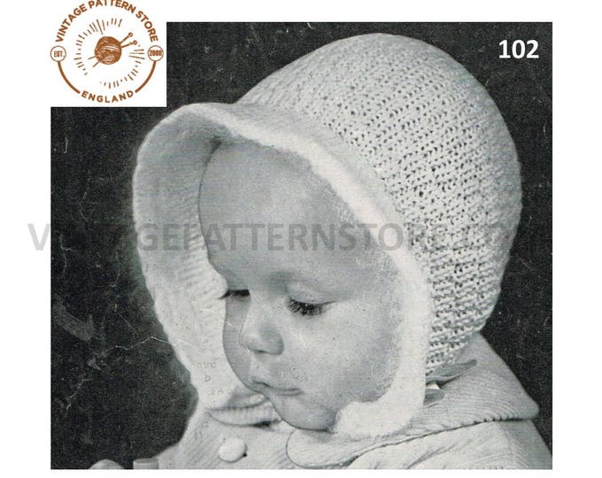 Baby Babies 60s vintage easy to knit 3 ply American Midwest Prairies peaked bonnet pdf knitting pattern 15" round face Instant download 102