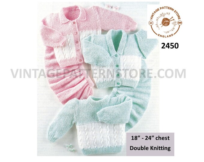 Baby Babies Toddlers 90s DK V or round neck cabled raglan cardigan sweater jumper & skirt pdf knitting pattern 18" to 24" Download 2450