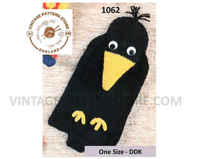 Childrens Boys Girls 80s vintage fun novelty bazzar DDK black bird crow raven hot water bottle cover pdf knitting pattern PDF Download 1062