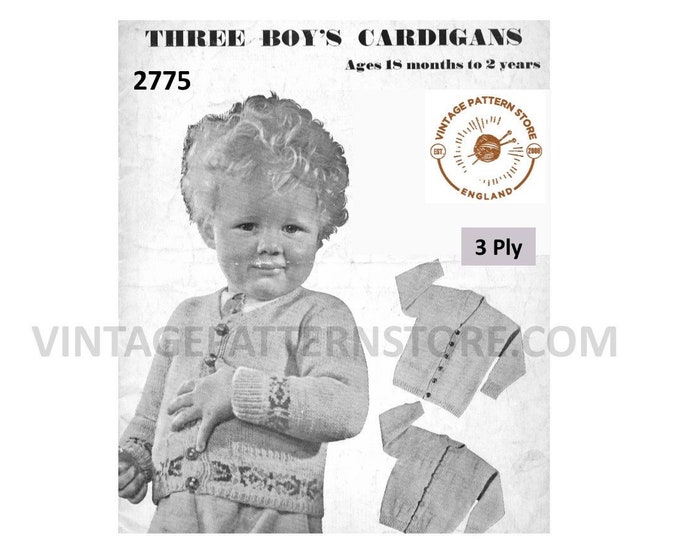 Baby Babies Toddlers Boys 30s 3 ply fair isle textured & easy to knit raglan cardigans pdf knitting pattern 18 mths to 2 years Download 2775