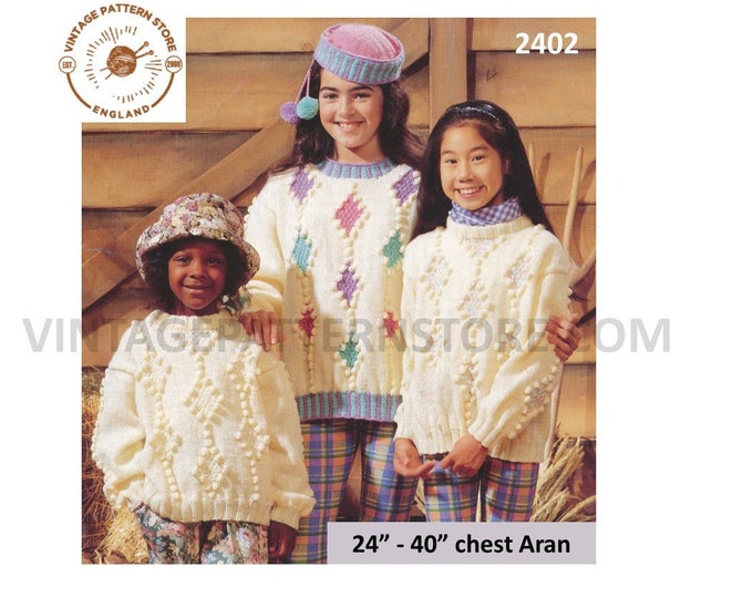 Girls Womens 90s round neck drop shoulder diamond cable cabled dolman aran sweater jumper hat pdf knitting pattern 24" to 40" Download 2402