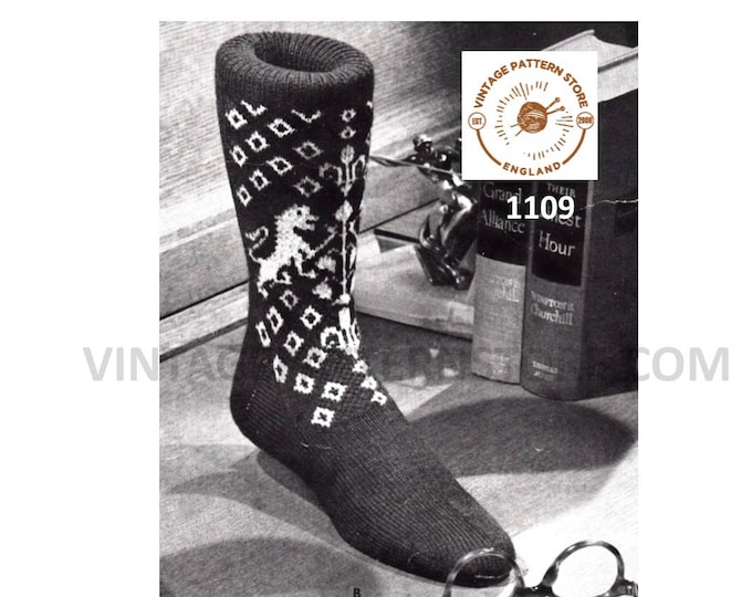 Mens fair isle socks knitting pattern, Mens heraldic fair isle socks pattern, Mens 1950s 3 ply sock patterns - PDF download 1109