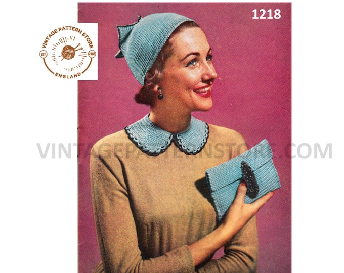 Ladies Womens 50s vintage cloche hat cap dress collar and evening clutch bag purse pdf crochet pattern instant PDF download 1218
