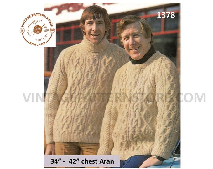 Mens Mans 60s vintage polo or crew neck cable cabled raglan aran sweater jumper pdf knitting pattern 34" to 42" chest PDF Download 1378