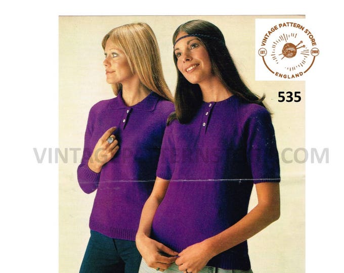 Ladies Womens 70s vintage 4 ply shirt neck long or short sleeve Summer sweater jumper pdf knitting pattern 34" to 40" chest PDF download 535