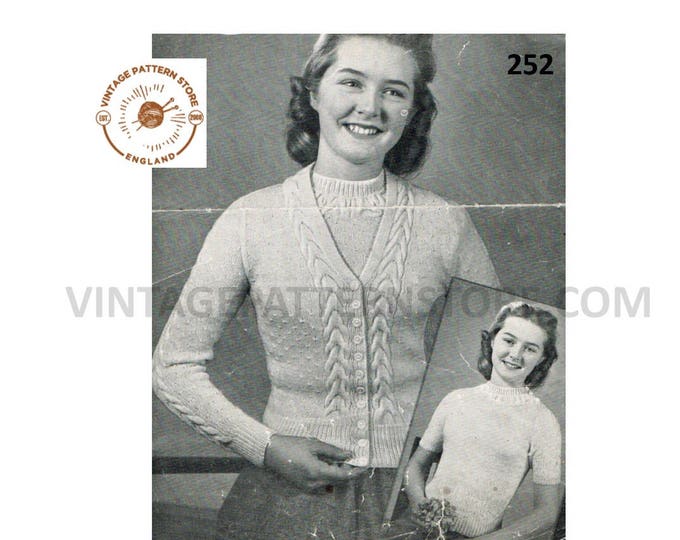 Girls 50s vintage 3 ply cable & lace round neck short sleeve sweater and V neck cardigan twin set knitting pattern age 12 to 13 Download 252