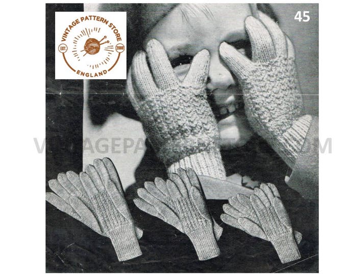 Girls Childs 40s vintage 3 ply ribbed gloves pdf knitting pattern 3 sizes Instant PDF Download 45