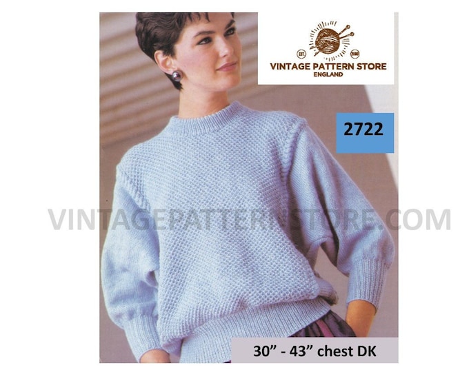 Ladies Womens 90s DK crew neck drop shoulder dolman sweater jumper pdf knitting pattern 30" to 43" chest Instant PDF download 2722