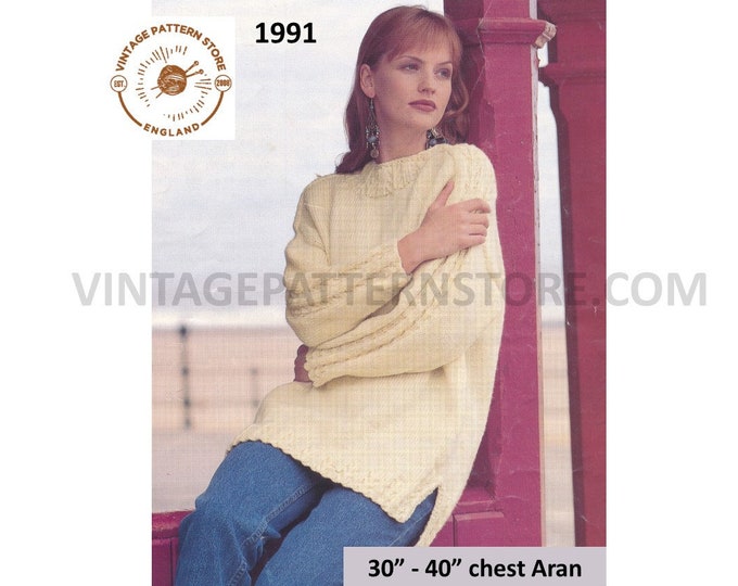 Ladies Womens 90s aran long line drop shoulder cable cabled split side tabard dolman sweater pdf knitting pattern 30" to 40" Download 1991