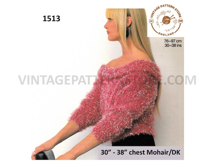 Ladies Womens 90s off shoulder short sleeve dolman mohair or DK sweater jumper pdf knitting pattern 30" to 38" chest Instant Download 1513