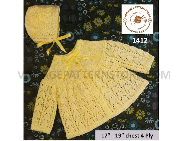 Baby Babies 70s vintage 4 ply lacy eyelet lace round neck matinee coat jacket and bonnet pdf knitting pattern 17" to 19" PDF download 1412