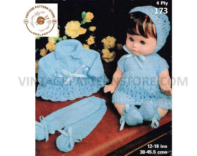 80s vintage 12" 14" 16" 20" 4 ply baby dolls clothes pram set dress booties bootees bonnet coat pdf knitting pattern instant Download 173