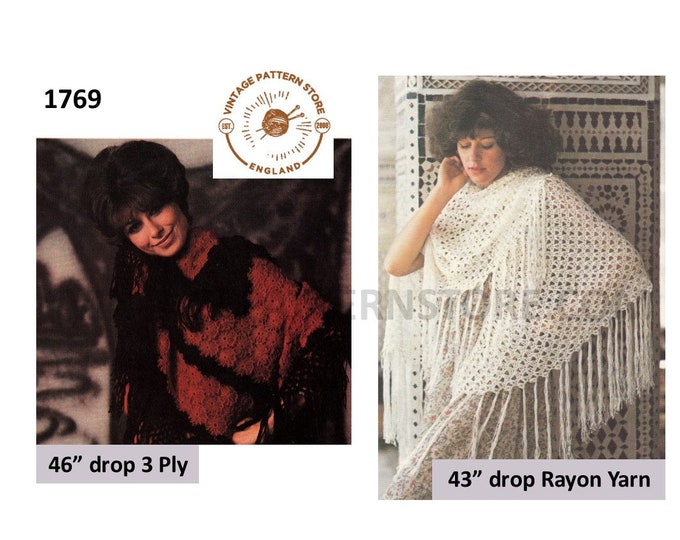 Ladies Womens 70s vintage 3 ply fringed lace lacy Spanish shawl wrap pdf crochet pattern 2 designs to crochet Instant PDF download 1769