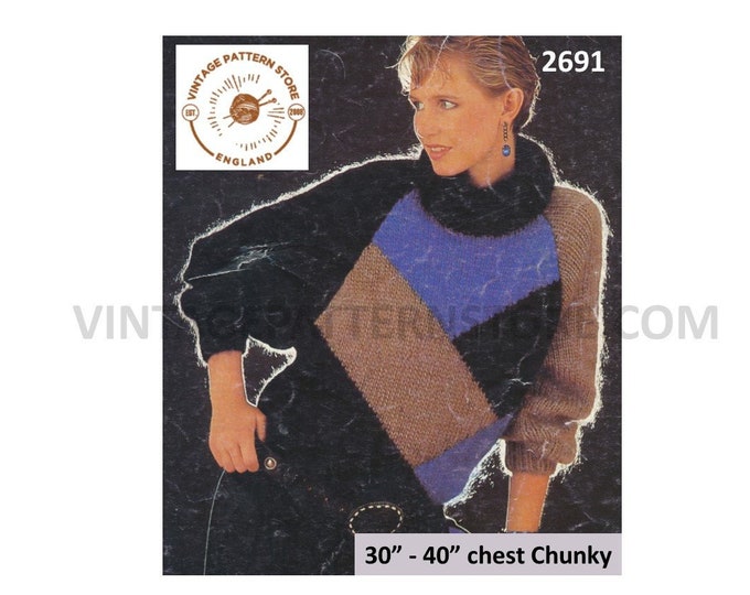 Ladies Womens 80s chunky knit cowl neck colour blocked geometric drop shoulder dolman sweater pdf knitting pattern 30" to 40" Download 2691