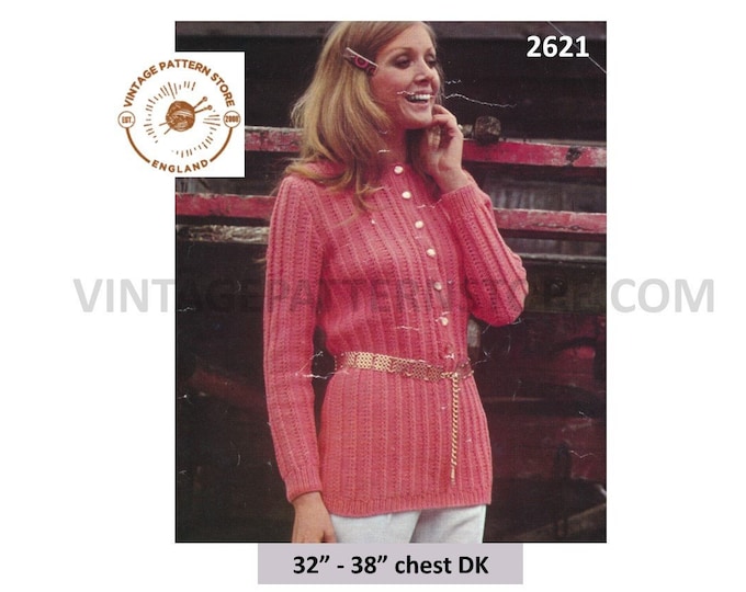 Ladies Womens 60s vintage DK long line rib ribbed round shirt neck tunic sweater jumper pdf knitting pattern 32" to 38" chest download 2621
