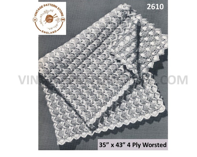 60s vintage 4 ply reversible shell patterned afghan throw pdf crochet pattern 35" by 43" Instant PDF download 2610