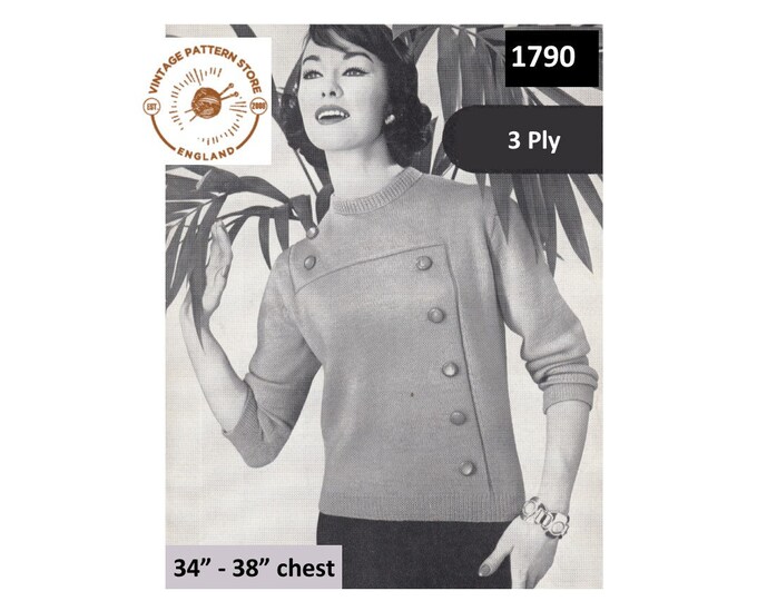 Ladies Womens 50s vintage 3 ply round neck mock buttoned raglan sweater jumper pdf knitting pattern 34" to 38" chest PDF Download 1790