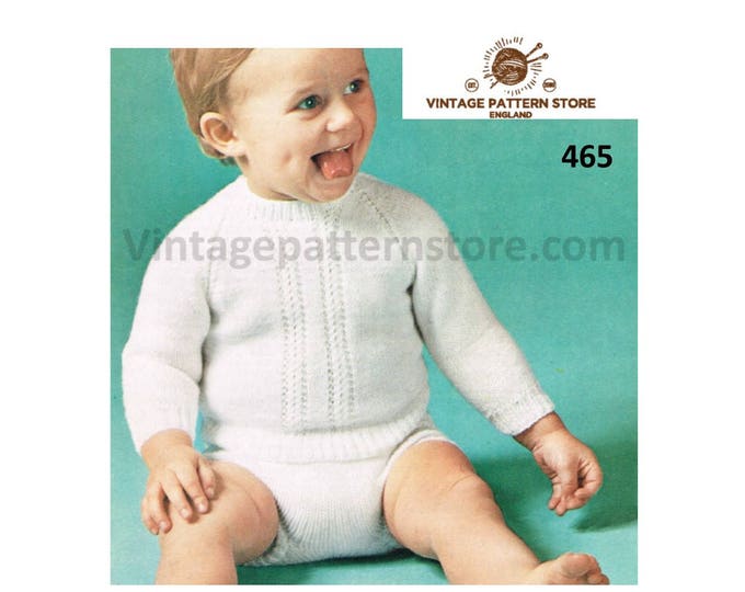 Baby Babies 80s vintage easy to knit round neck lace panel raglan sweater jumper & pilch shorts pdf knitting pattern 20" chest Download 465